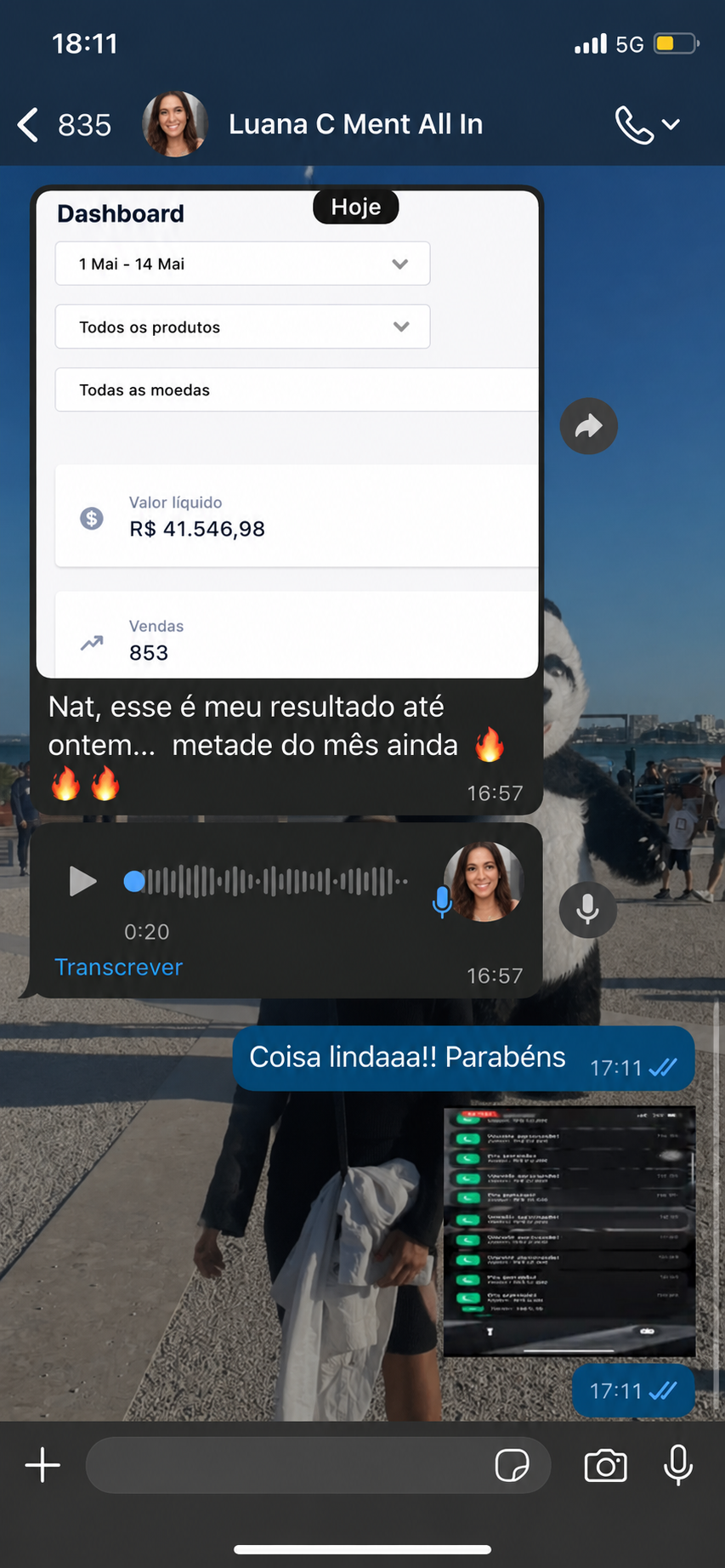 Print de aluna — R$ 41.546 líquidos, 853 vendas em 14 dias
