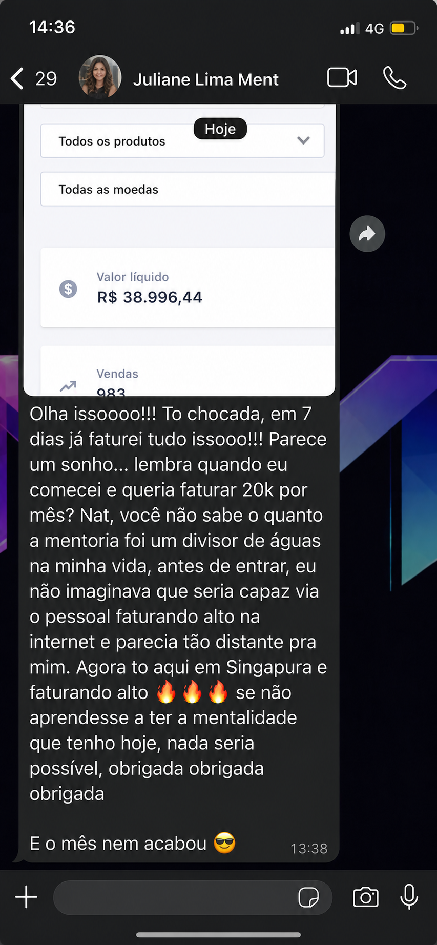 Print de aluna — R$ 38.996 em 7 dias, 983 vendas
