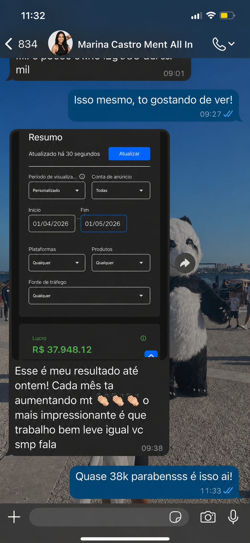 Print de aluna — Lucro de R$ 37.948 no mês