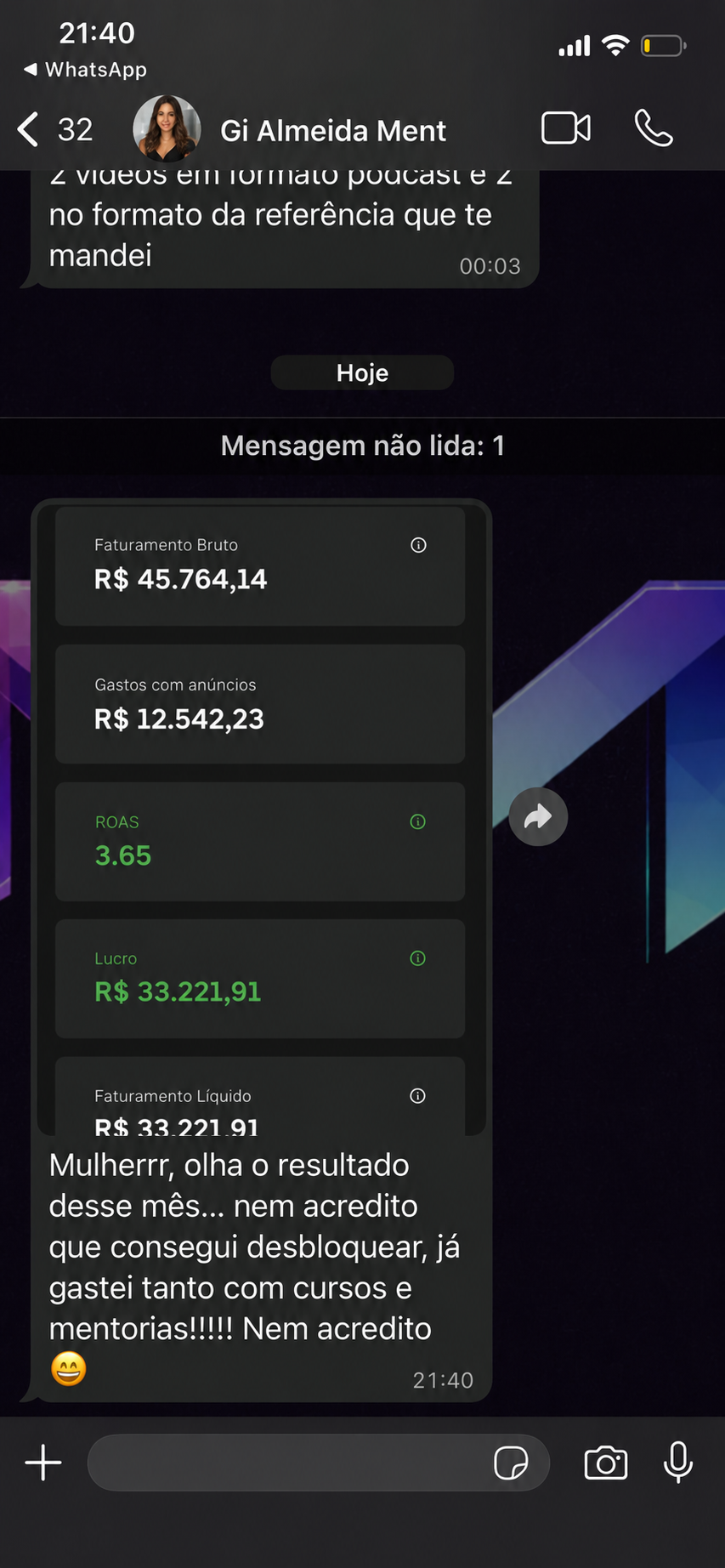 Print de aluna — lucro de R$ 33.221